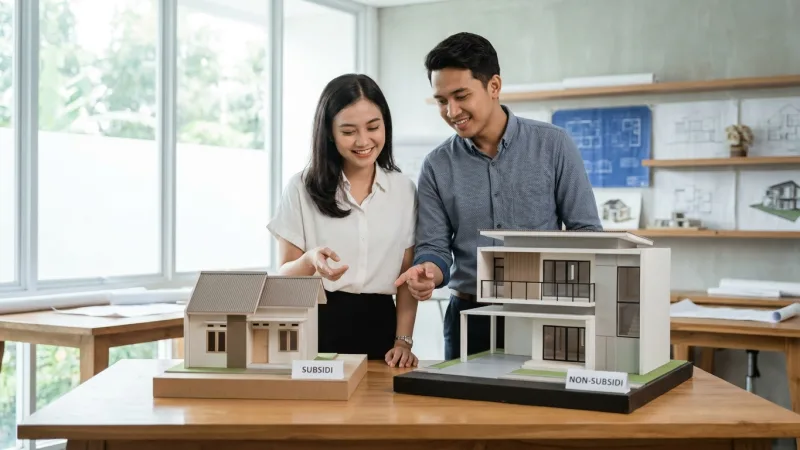 Pasangan muda sedang membandingkan model rumah subsidi dan non-subsidi