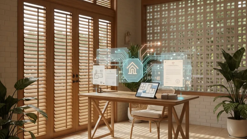 Ilustrasi platform AI Smart by h&e untuk transaksi properti