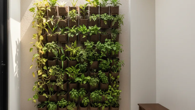 Vertical garden di dinding taman belakang 1x3 meter dengan tanaman tropis