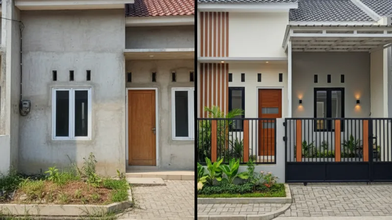 Perbandingan fasad rumah subsidi tipe 36 sebelum dan sesudah renovasi ringan