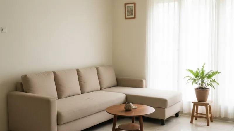 Penataan sofa L-shape kecil di ruang tamu 3x3 meter untuk rumah Indonesia