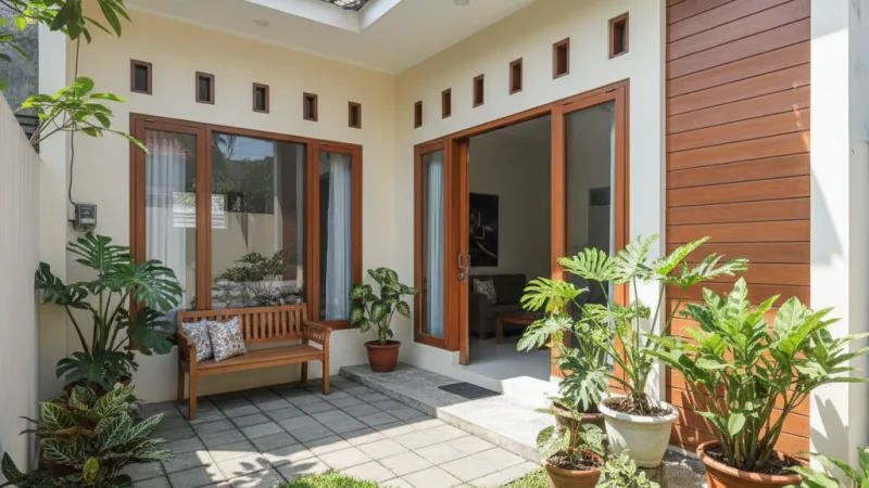Taman belakang rumah tipe 36 yang segar dan fungsional dengan pot tanaman tropis dan area duduk minimalis.