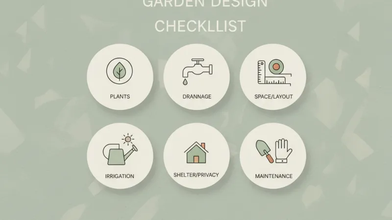 Infografis checklist panduan mendesain taman belakang rumah tipe 36 yang fungsional.
