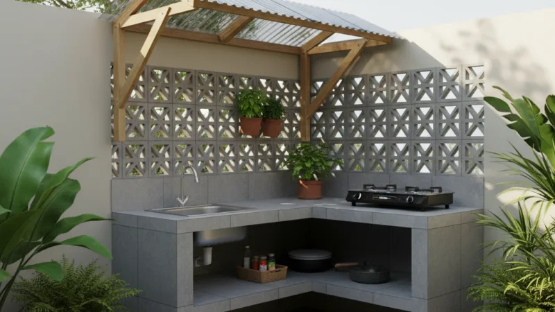 Dapur terbuka mini di sudut taman belakang rumah tipe 36 dengan kanopi dan roster.