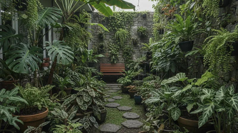 Taman tropis mini di belakang rumah tipe 36 dengan tanaman rimbun yang tahan lembap.