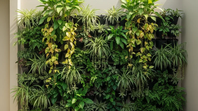 Vertical garden di dinding belakang rumah tipe 36 dengan berbagai tanaman tropis yang tumbuh subur.