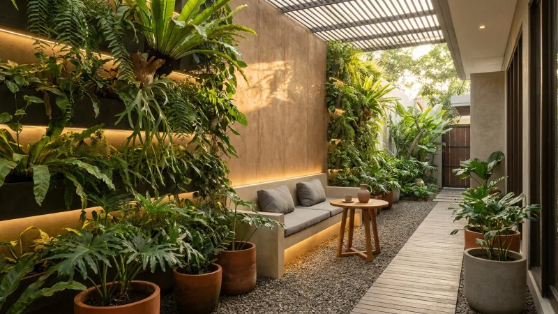 Taman belakang sempit rumah minimalis yang estetik dengan tanaman vertikal dan pencahayaan hangat